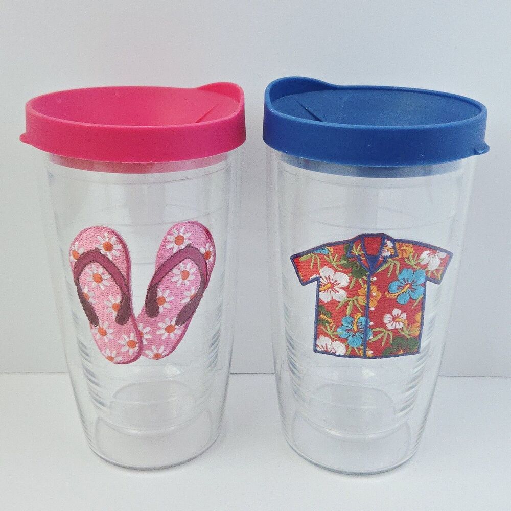 2 Tervis Lidded Tumblers 16 oz Hawaiian Shirt & Flip Flops Patch Hawaii Beach